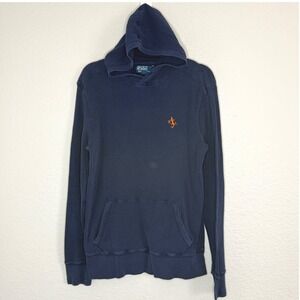 Vintage Polo Ralph Lauren Mens Large Navy Hoodie Waffle Knit Logo Hooded Shirt